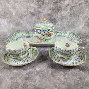 Elios Hand Painted Porcelain Tray, Sugar Bowl and 2 Sets Demitasse Cups/Saucers